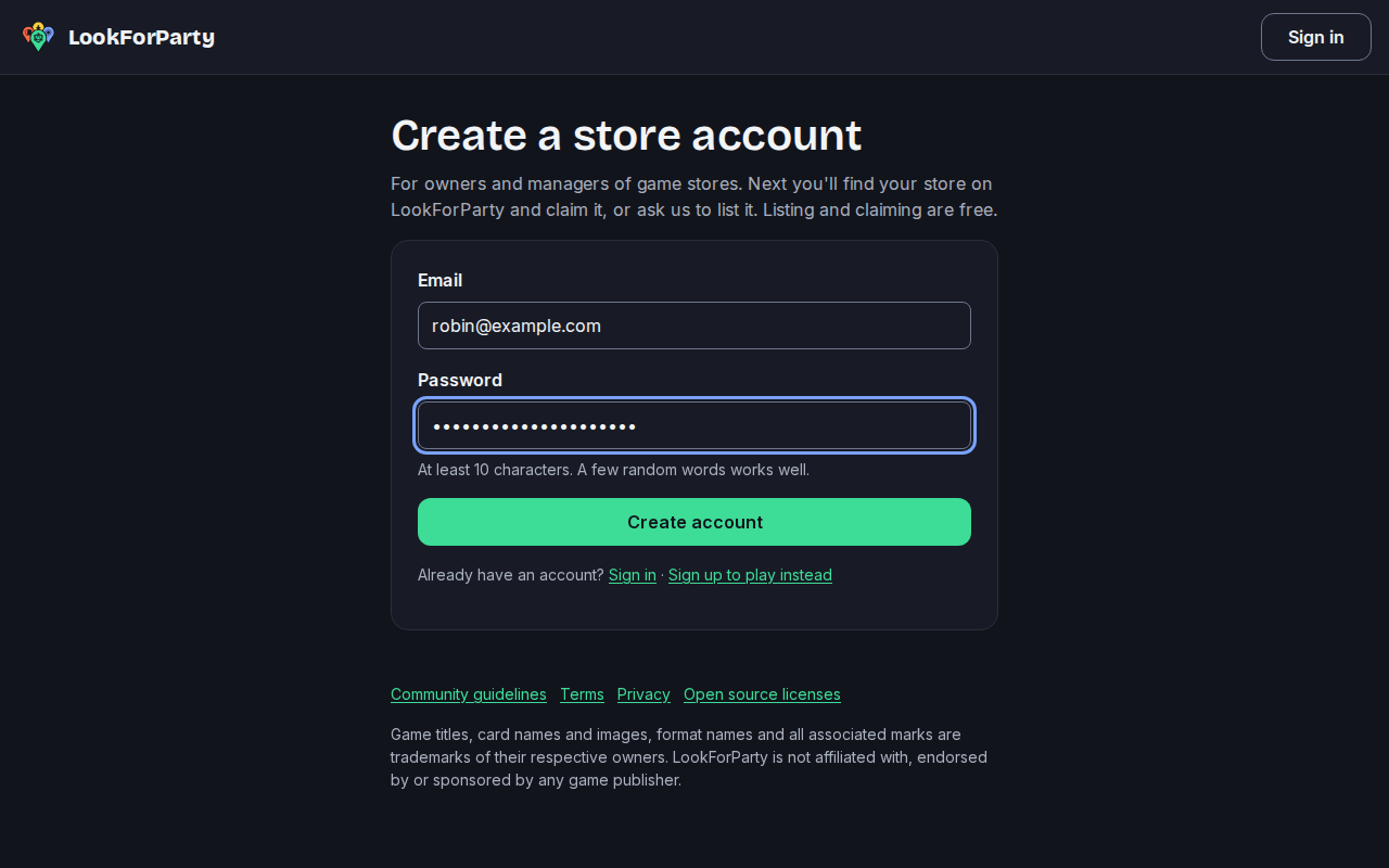 The Create a store account form with an email and password filled in