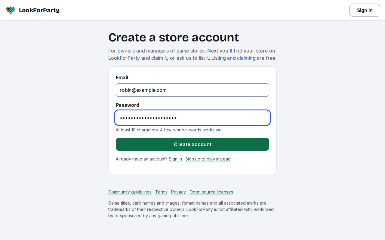 The Create a store account form with an email and password filled in
