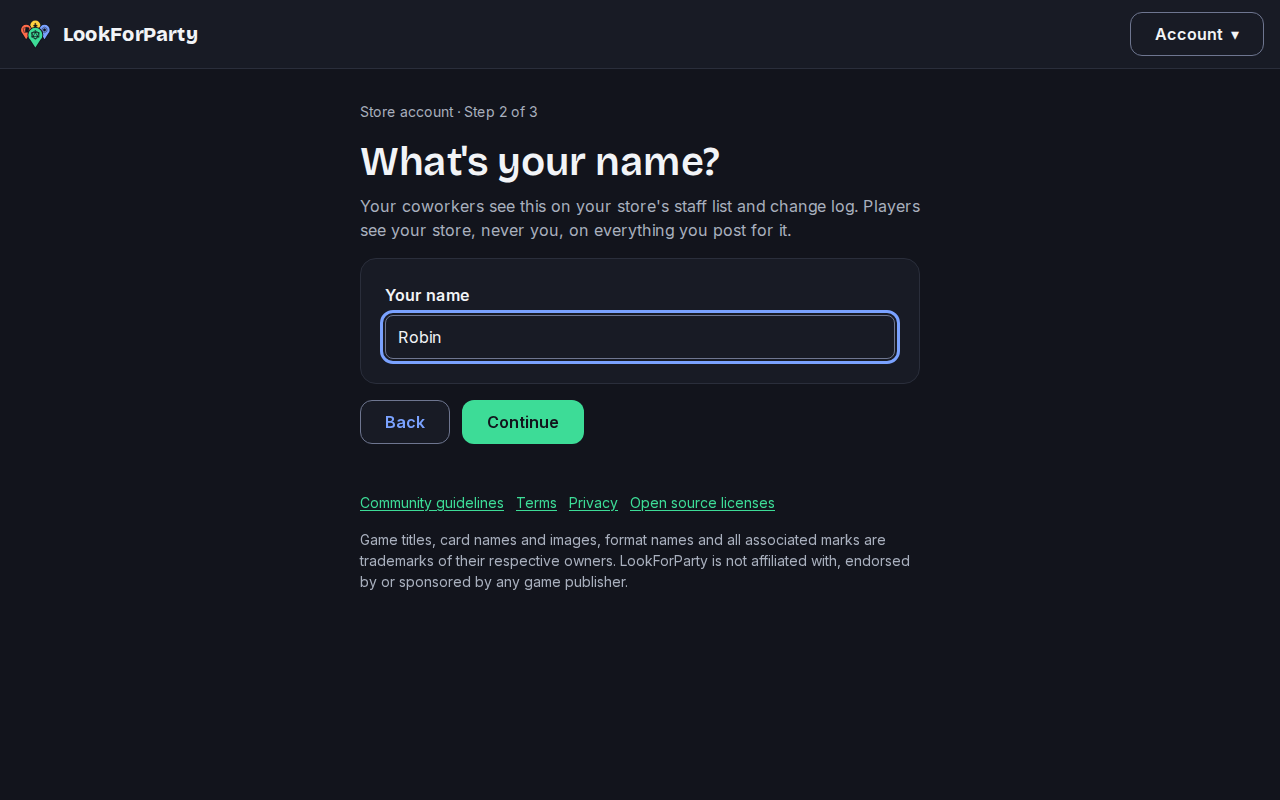 The What's your name? step of store account setup with a name filled in