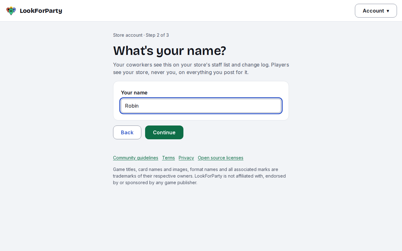 The What's your name? step of store account setup with a name filled in