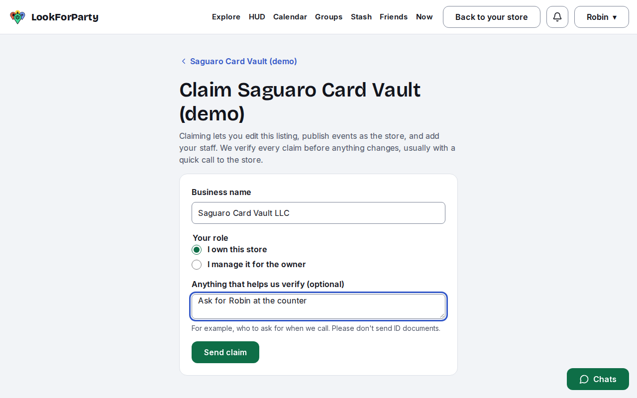 The claim form with a business name, the owner role and a note filled in