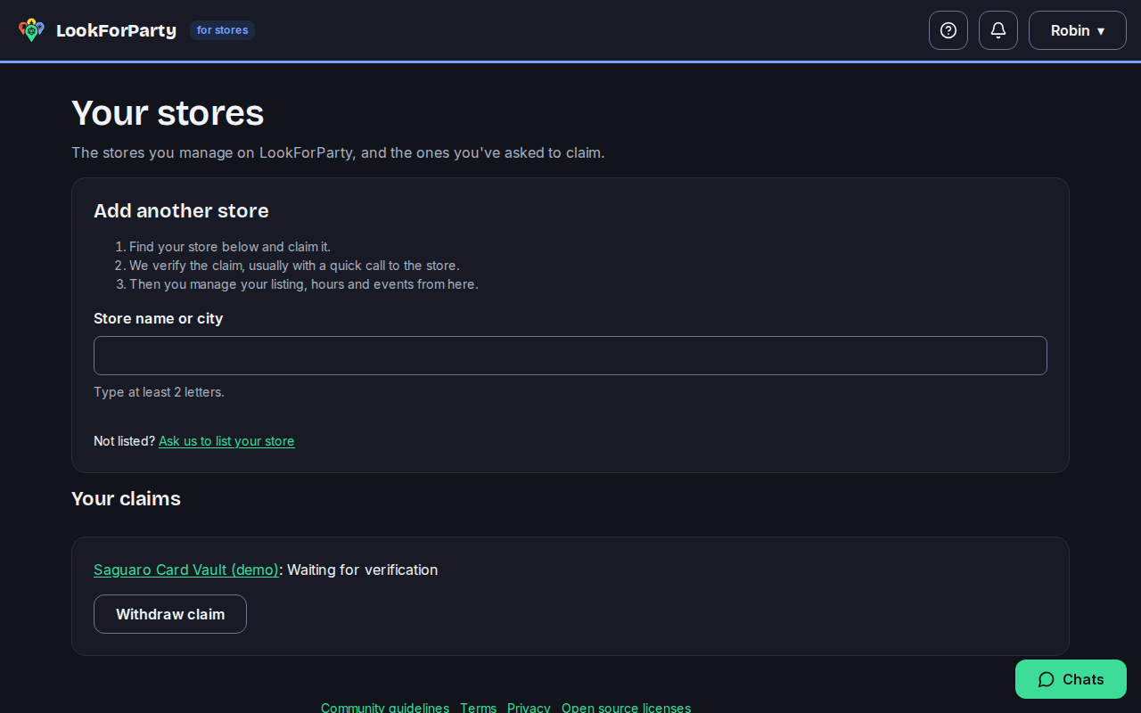 Your stores with the claim waiting for verification and the Ask us to list your store link