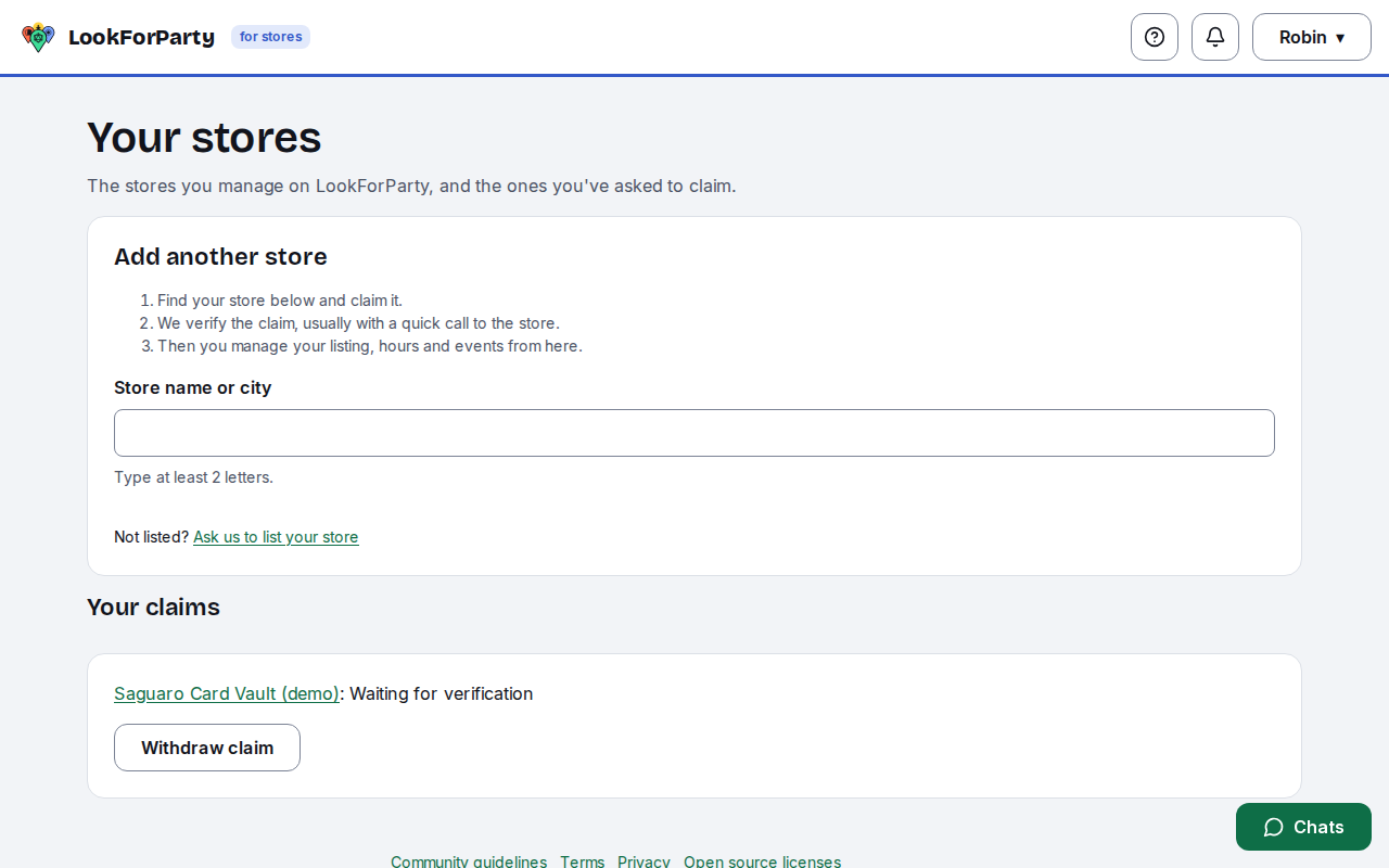 Your stores with the claim waiting for verification and the Ask us to list your store link
