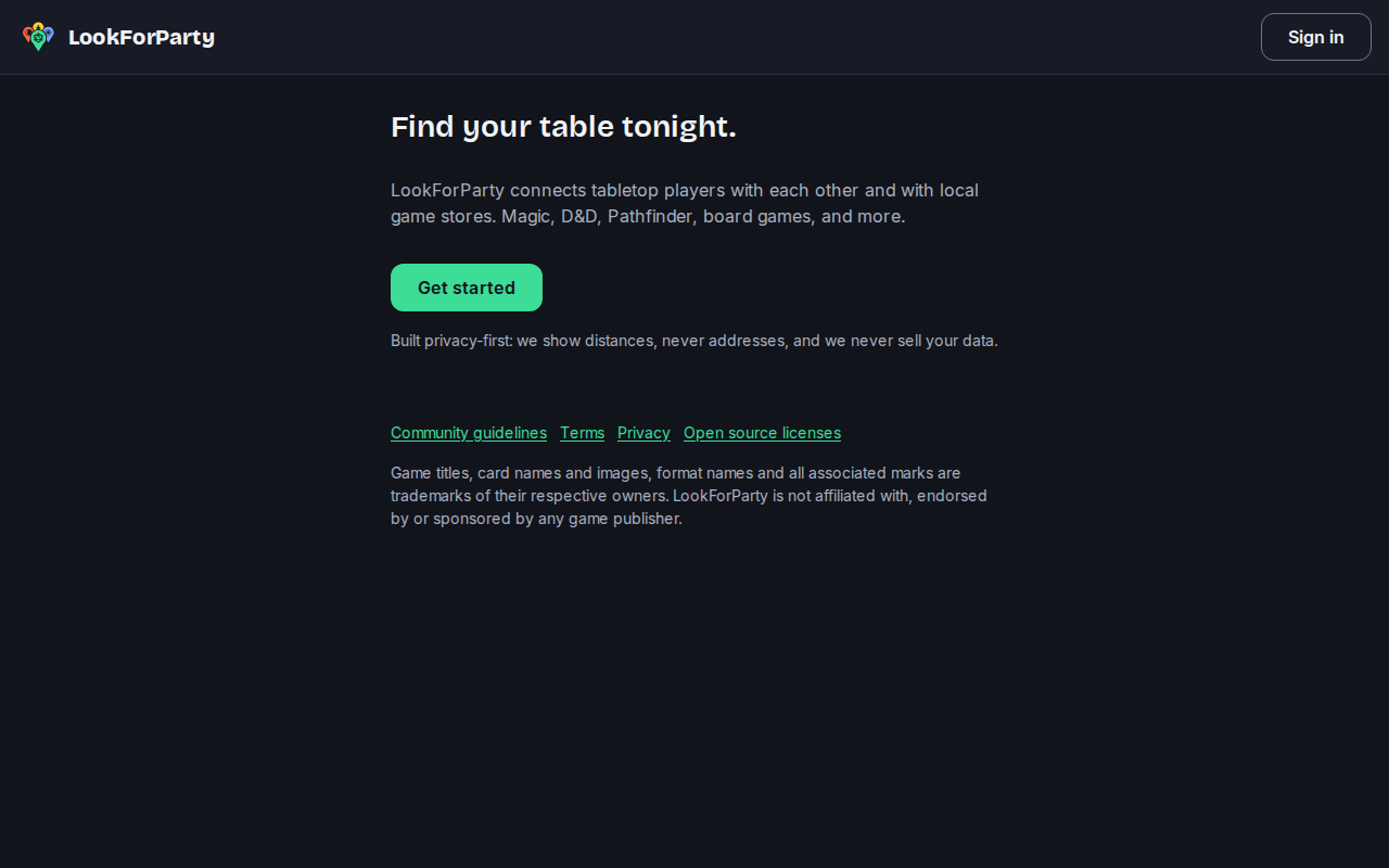 The LookForParty home page with the Get started button highlighted