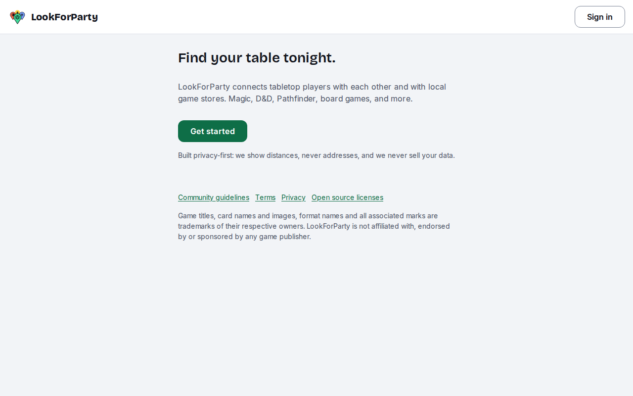 The LookForParty home page with the Get started button highlighted