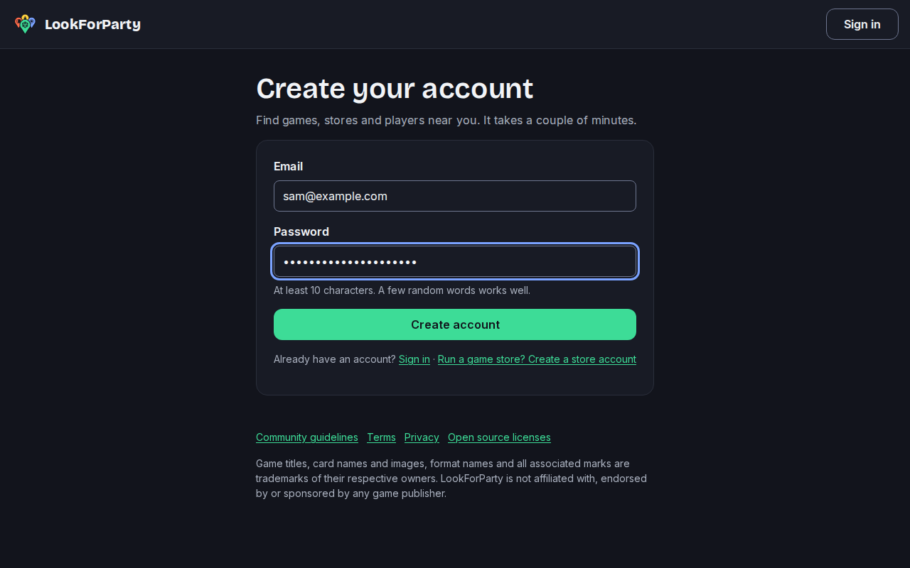 The sign-up form with an email and password filled in