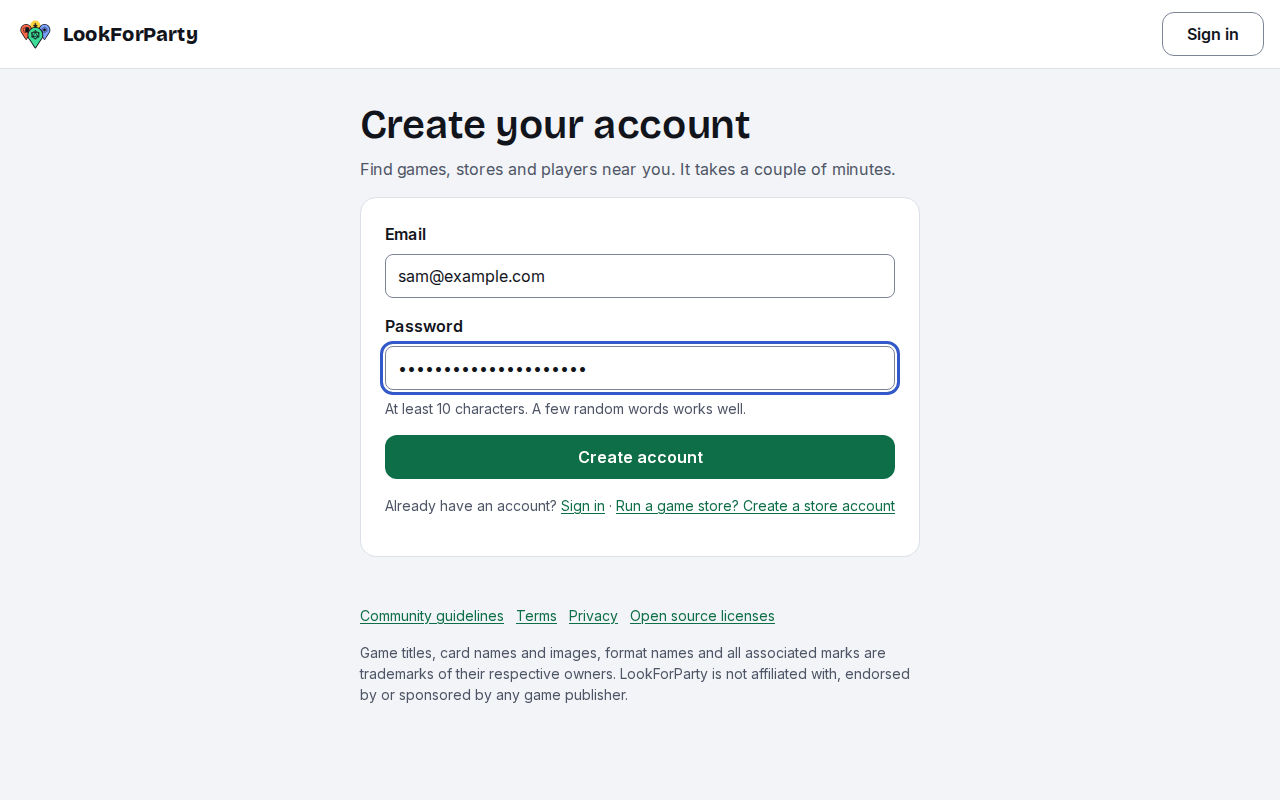 The sign-up form with an email and password filled in