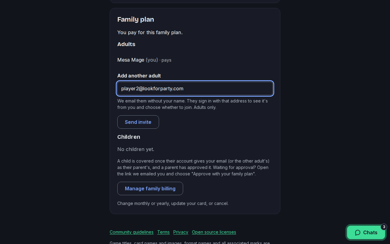 The Family plan card listing you as the payer, with an email typed under Add another adult