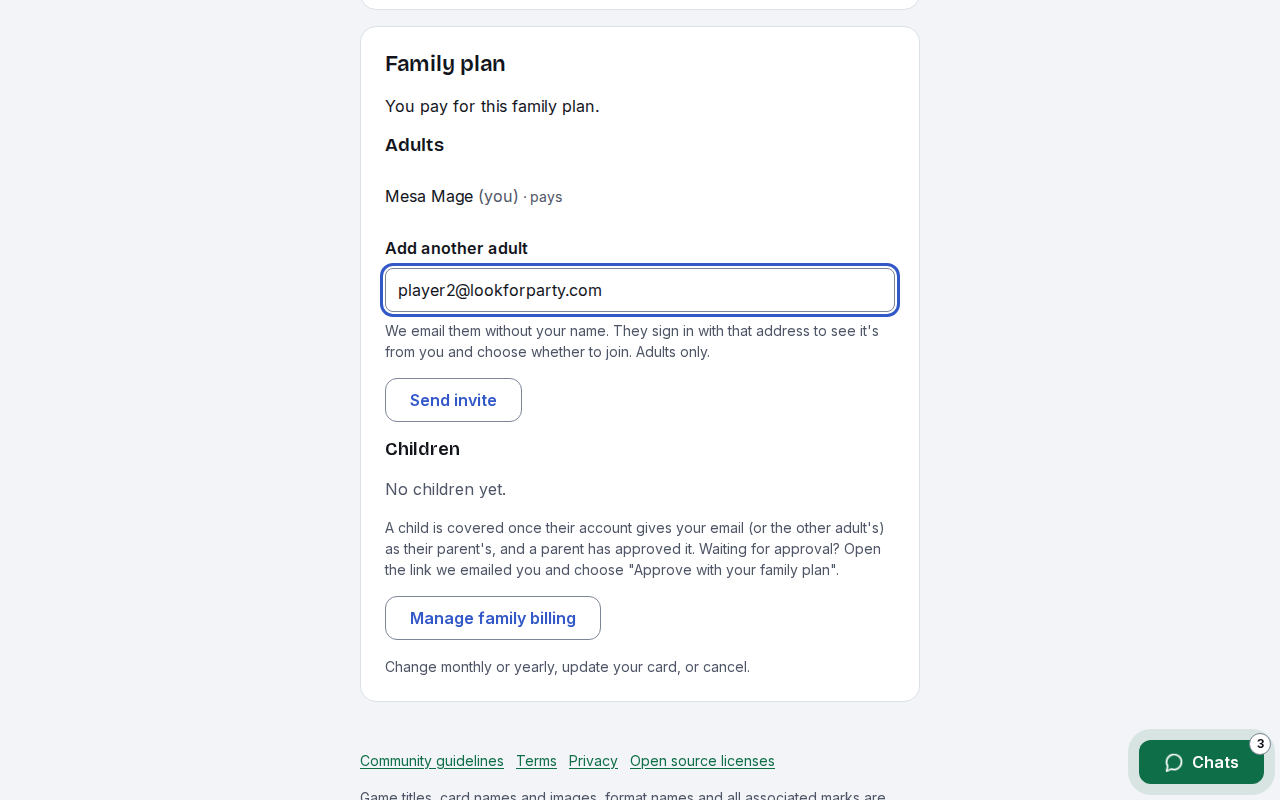 The Family plan card listing you as the payer, with an email typed under Add another adult