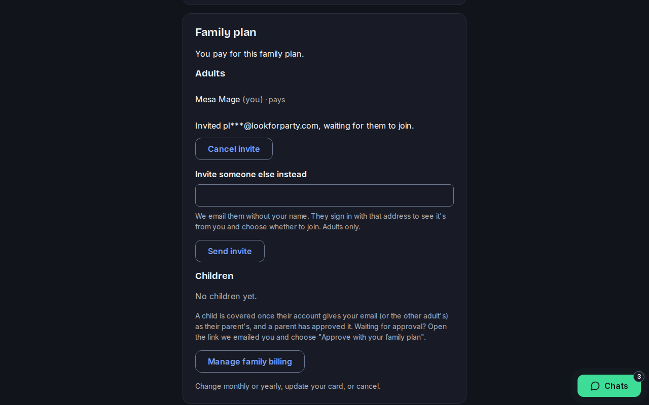 The Family plan card showing the invite waiting for an answer