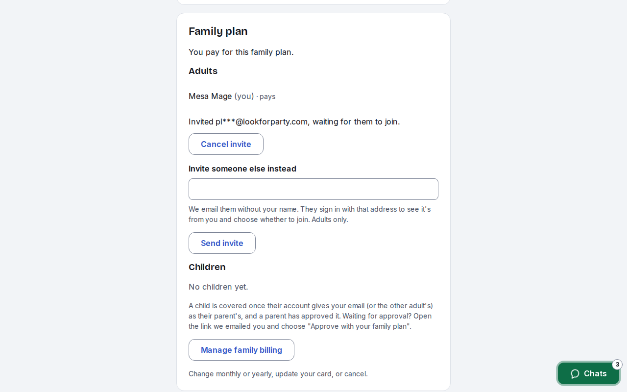 The Family plan card showing the invite waiting for an answer