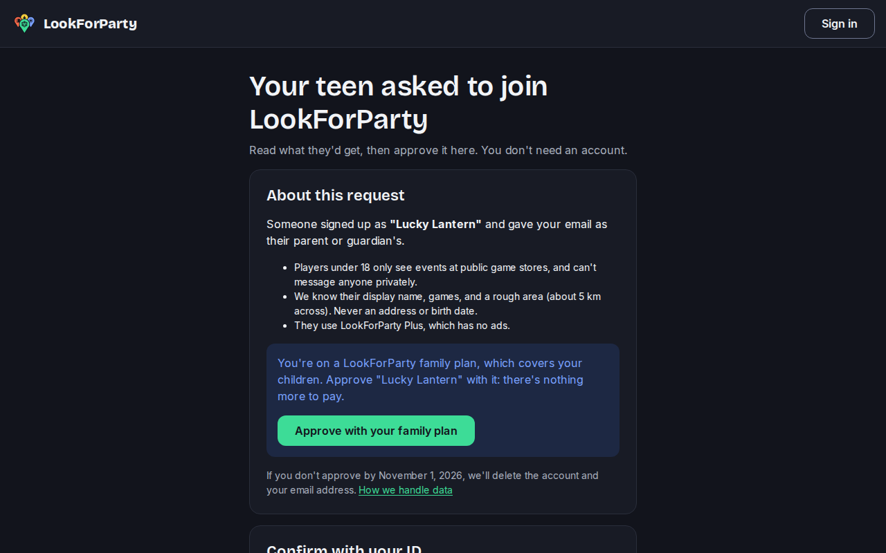 The parent page for a teen's request with the Approve with your family plan button highlighted