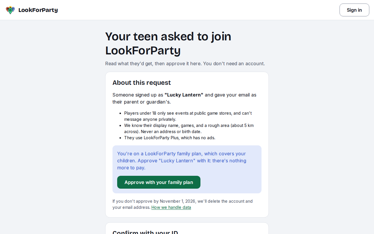 The parent page for a teen's request with the Approve with your family plan button highlighted