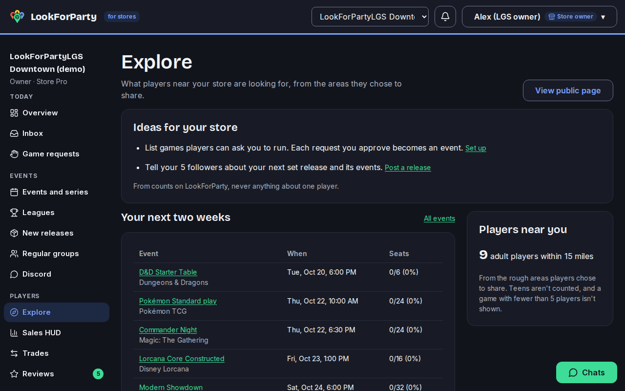 Explore for stores, with player demand near the store