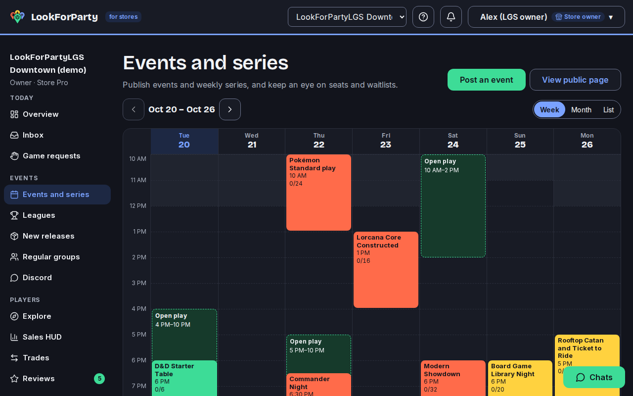 Events and series, with the week's calendar