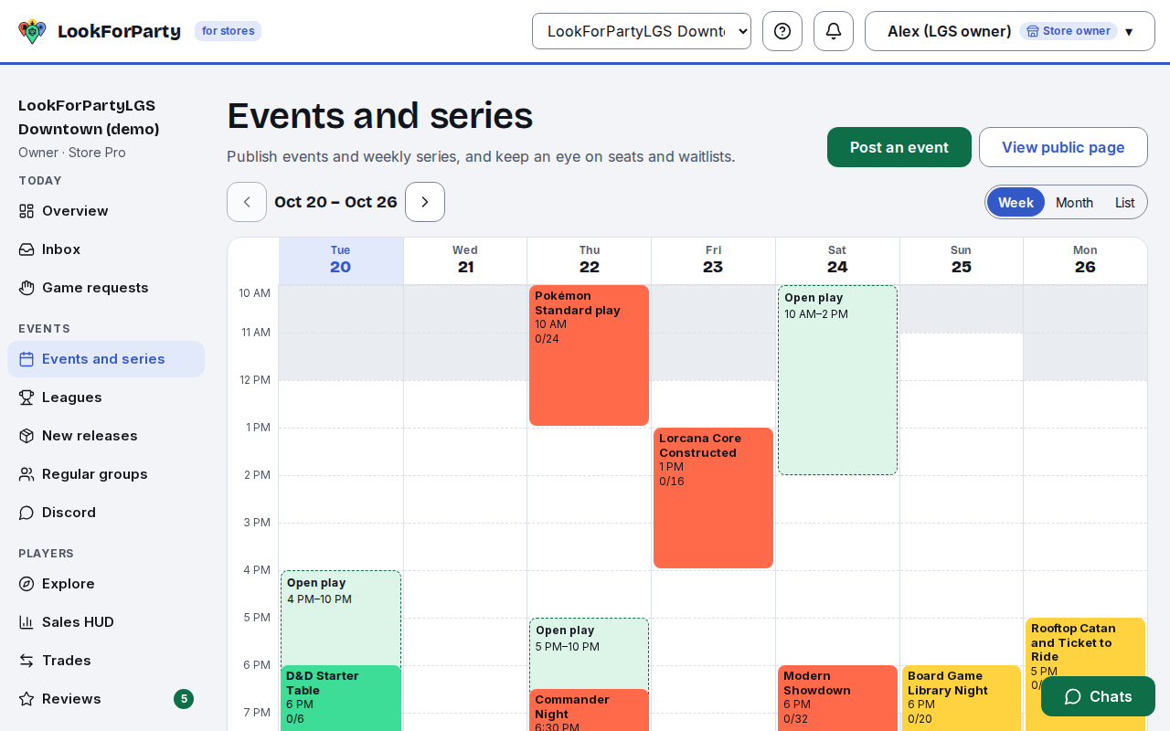 Events and series, with the week's calendar