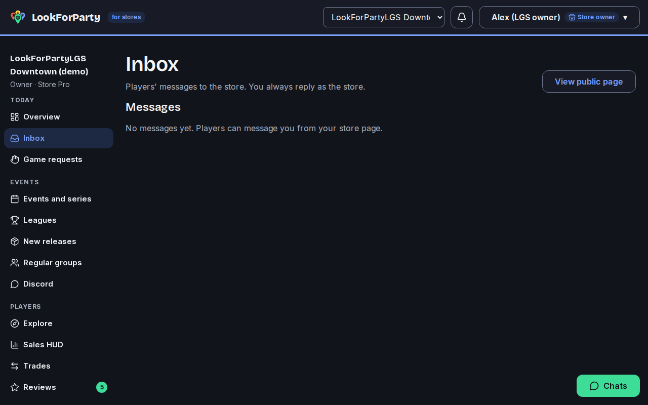 The store Inbox with messages from players