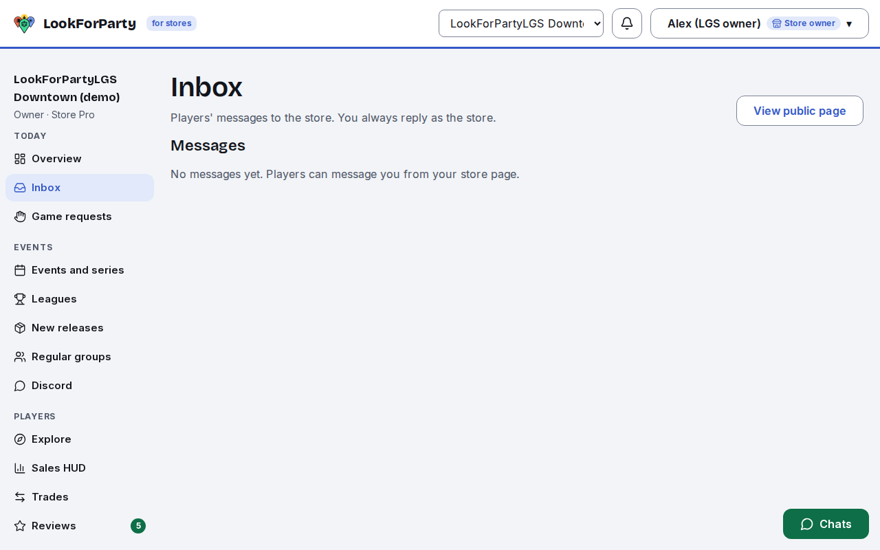 The store Inbox with messages from players