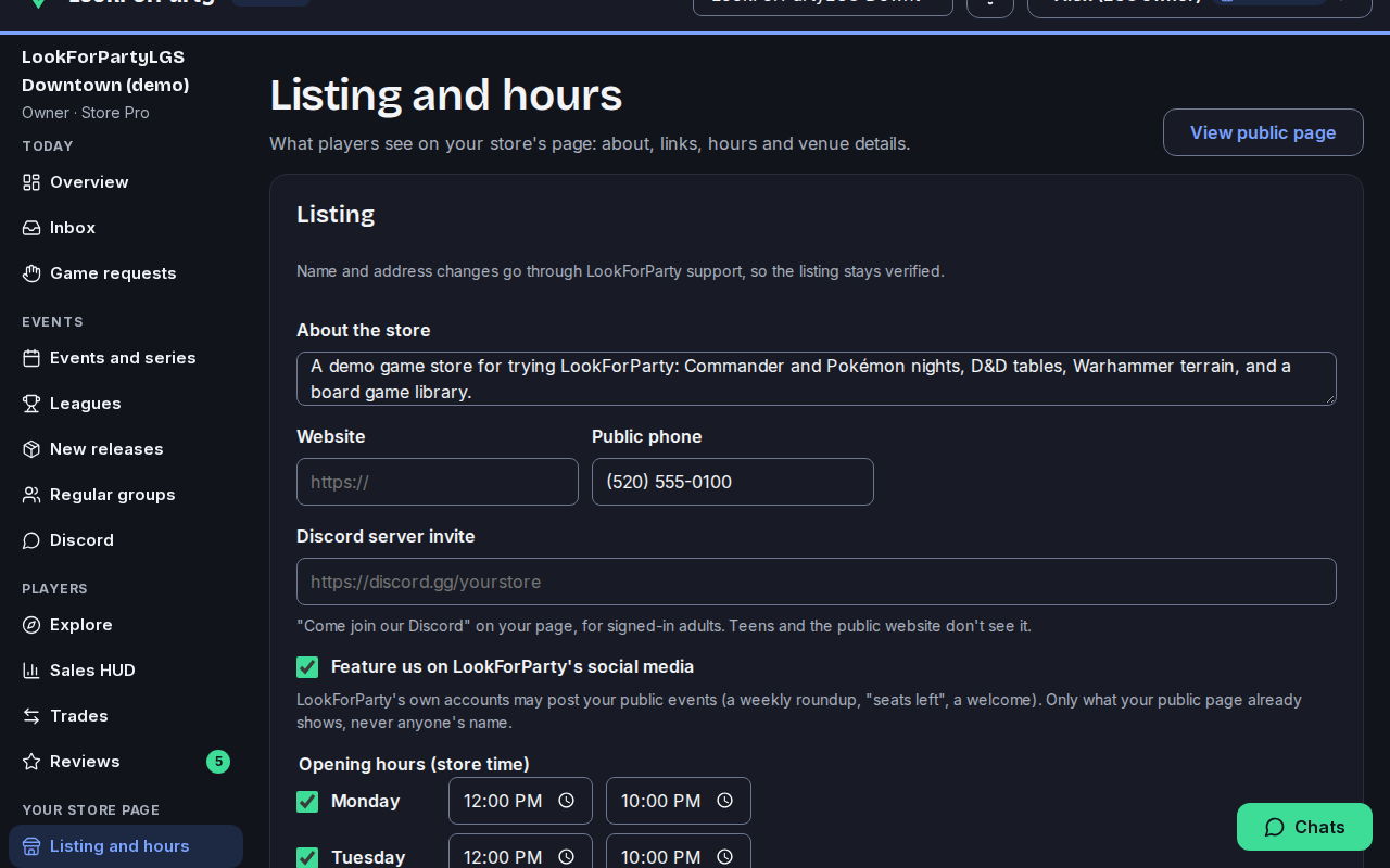 The store's listing and hours