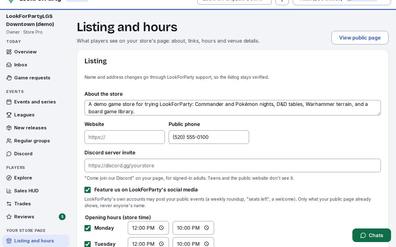 The store's listing and hours