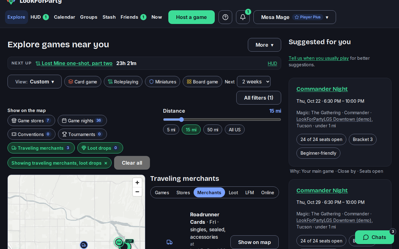 A merchant's stop at LookForPartyLGS Downtown with its Show on map button highlighted