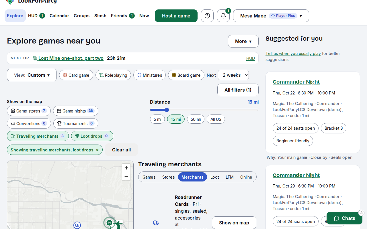 A merchant's stop at LookForPartyLGS Downtown with its Show on map button highlighted