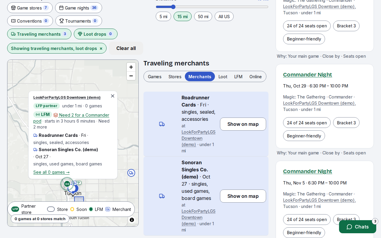 LookForPartyLGS Downtown's card on the map, showing the traveling merchants coming