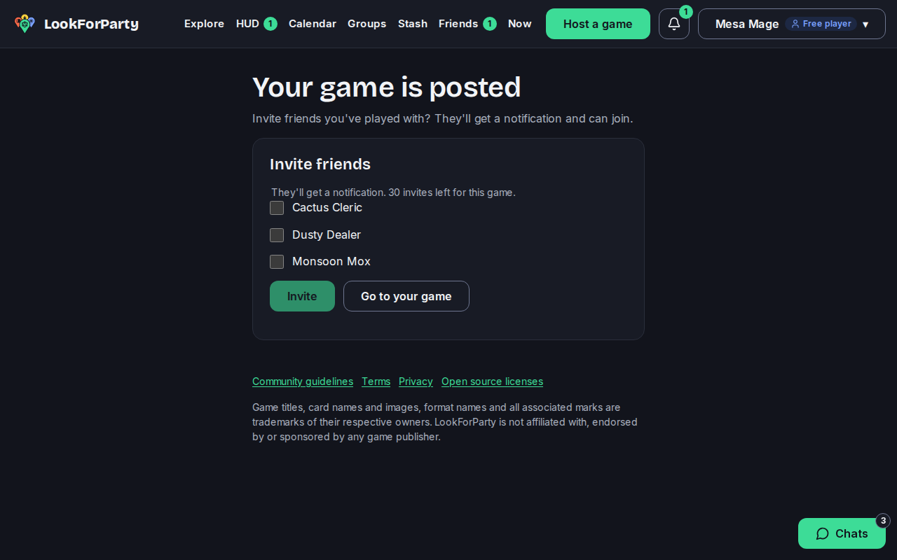 Your game is posted, with friends to invite and a Go to your game button