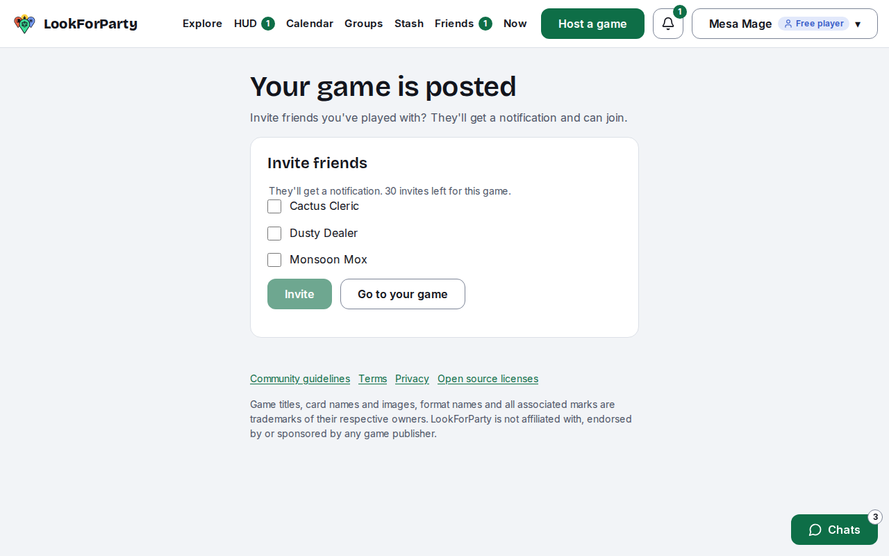 Your game is posted, with friends to invite and a Go to your game button