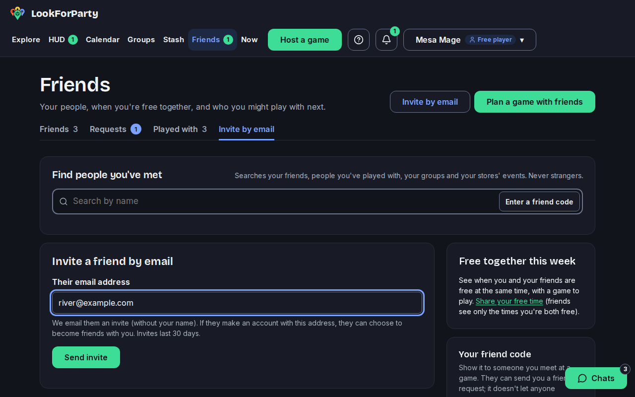 The Invite a friend by email form with an address typed in