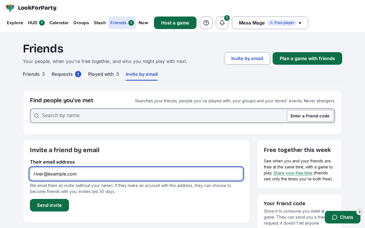 The Invite a friend by email form with an address typed in