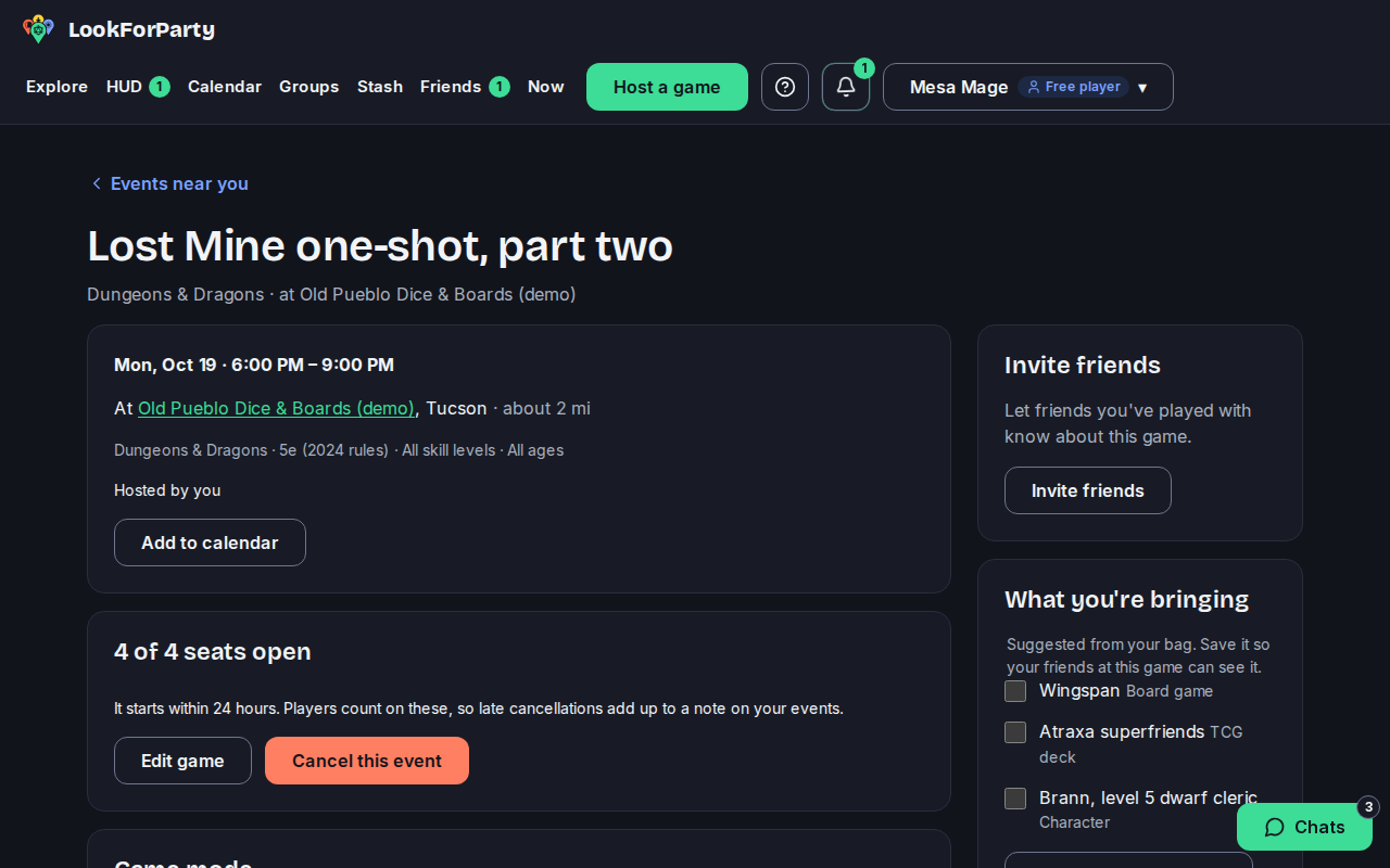 A game's page with the Invite friends section highlighted