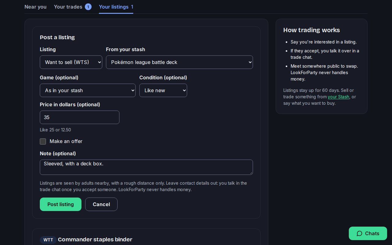 The Post a listing form filled in for the Pokémon league battle deck