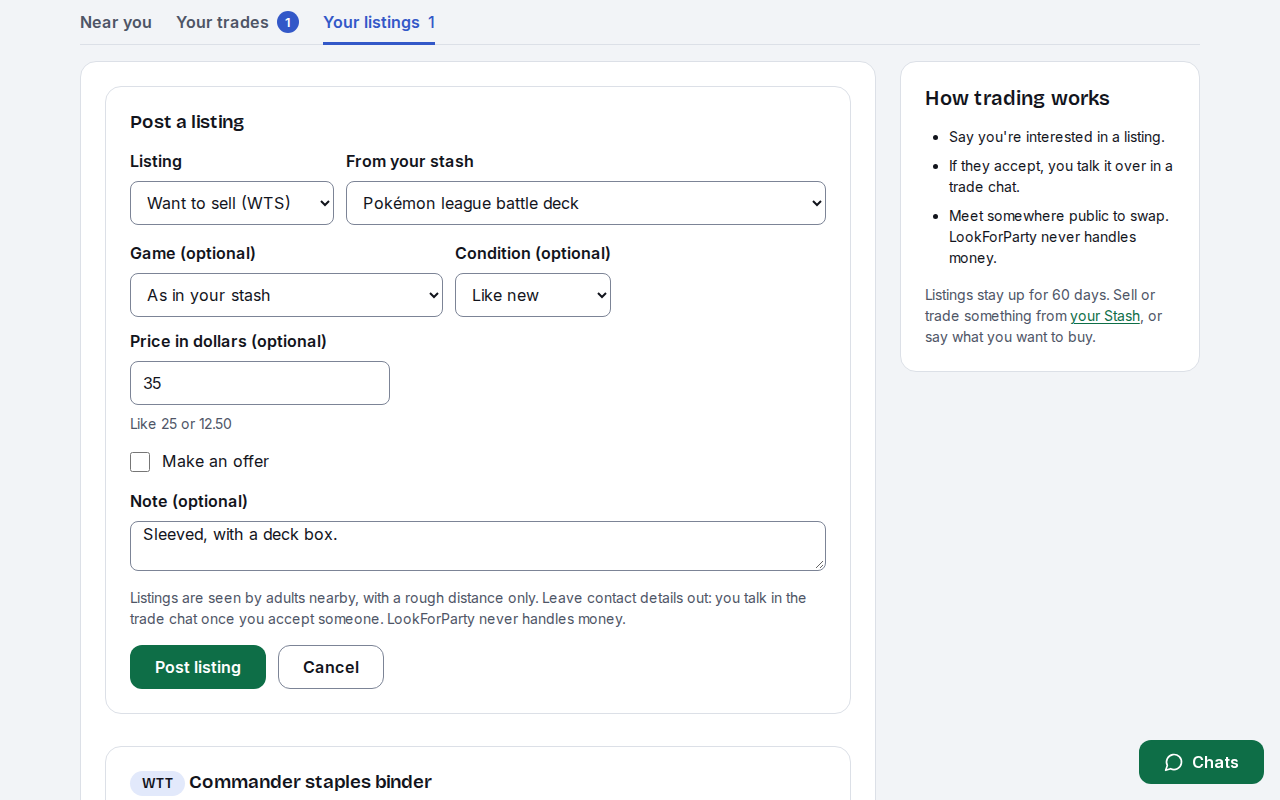 The Post a listing form filled in for the Pokémon league battle deck