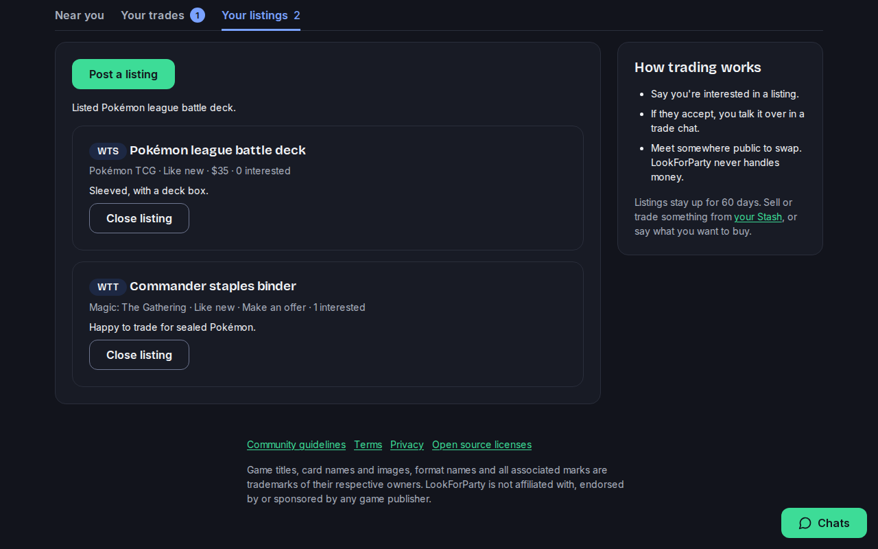Your listings with the new Pokémon deck listing