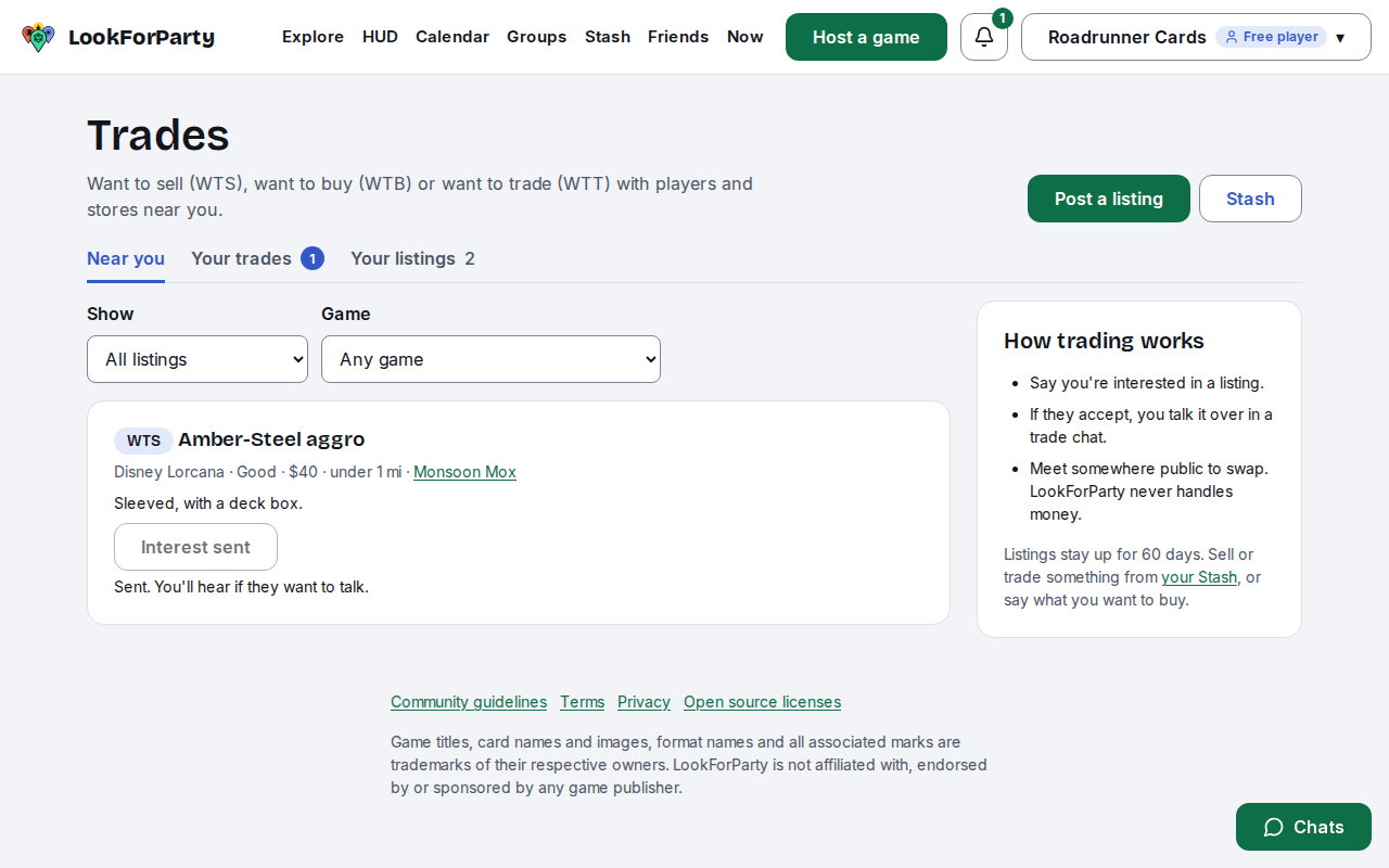 The listing now showing Interest sent