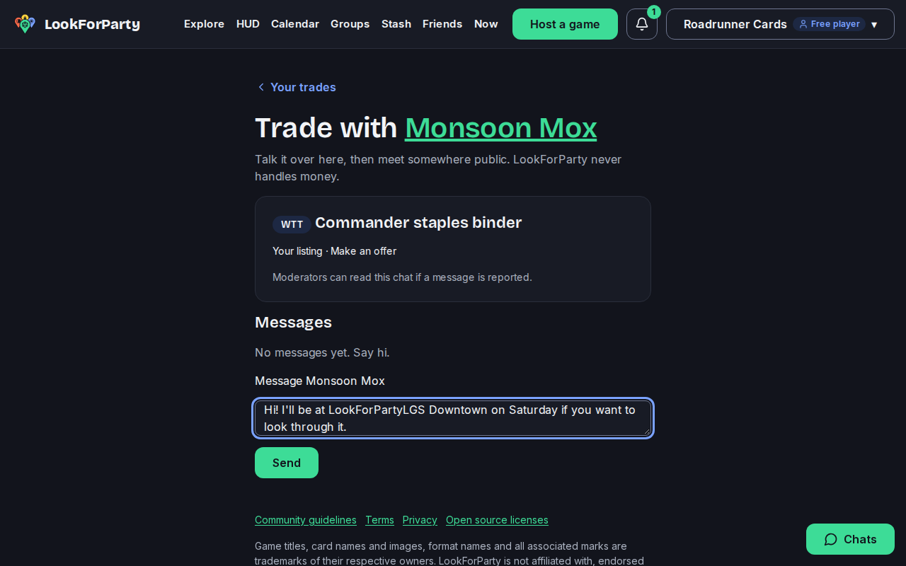 The trade chat with Monsoon Mox, with a message typed and Send highlighted