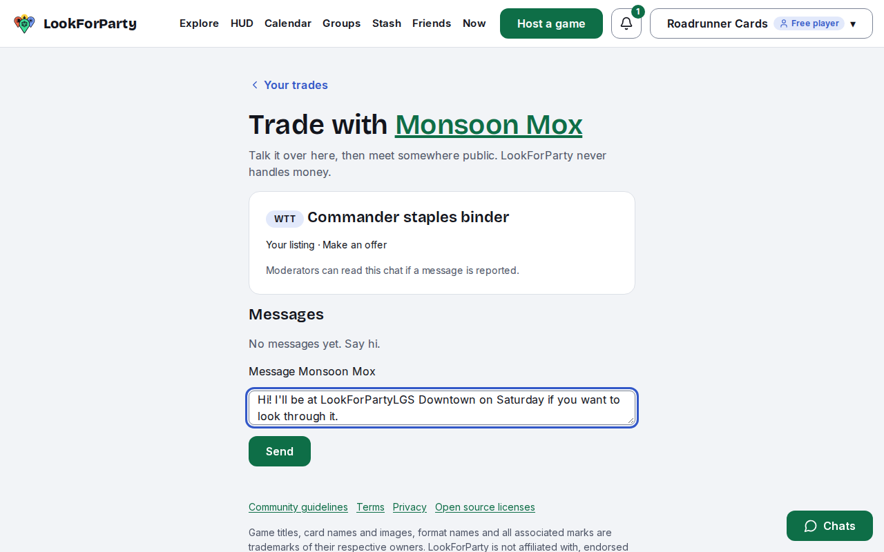 The trade chat with Monsoon Mox, with a message typed and Send highlighted
