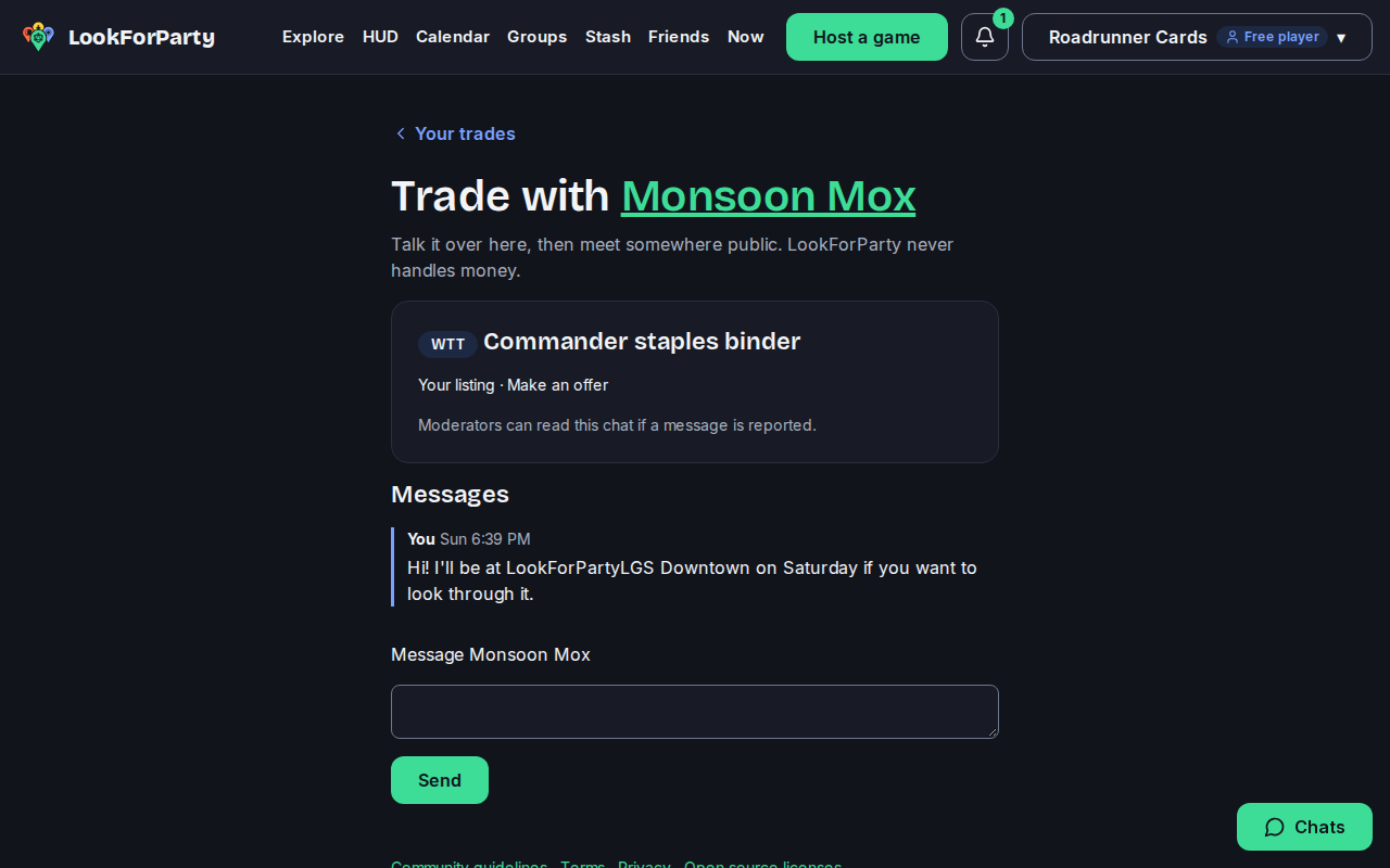 The trade chat with the sent message