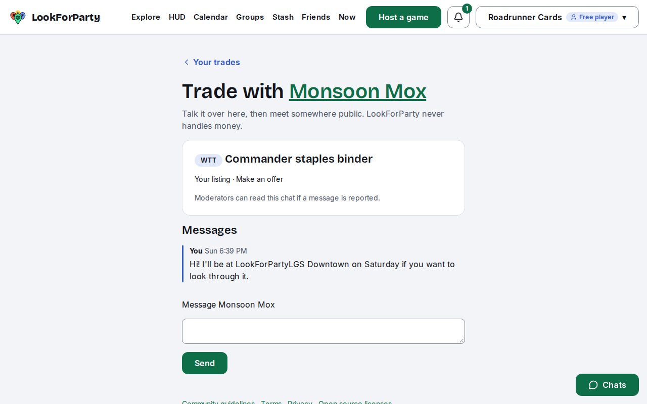 The trade chat with the sent message