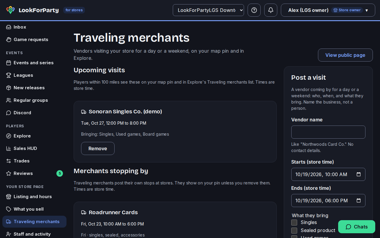 The Traveling merchants page with one upcoming visit and the Post a visit form