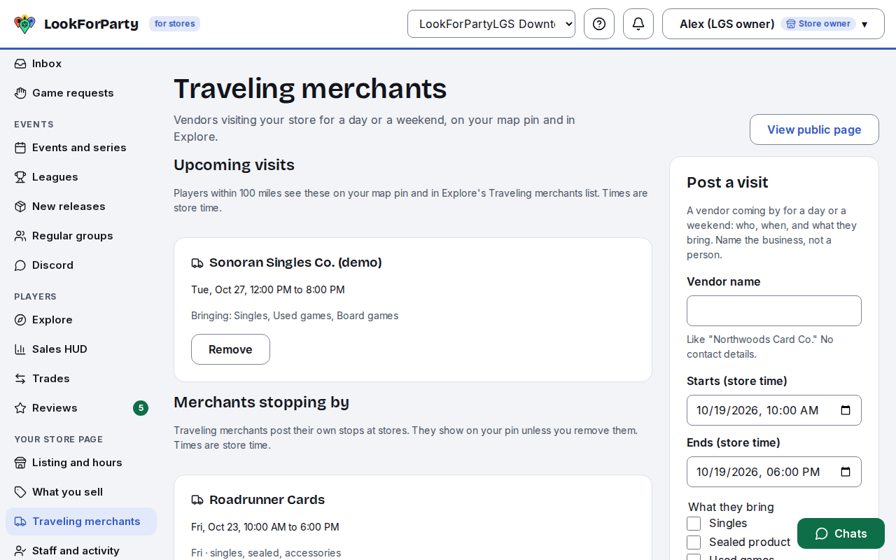The Traveling merchants page with one upcoming visit and the Post a visit form