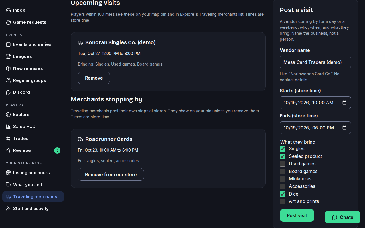The Post a visit form filled in for Mesa Card Traders