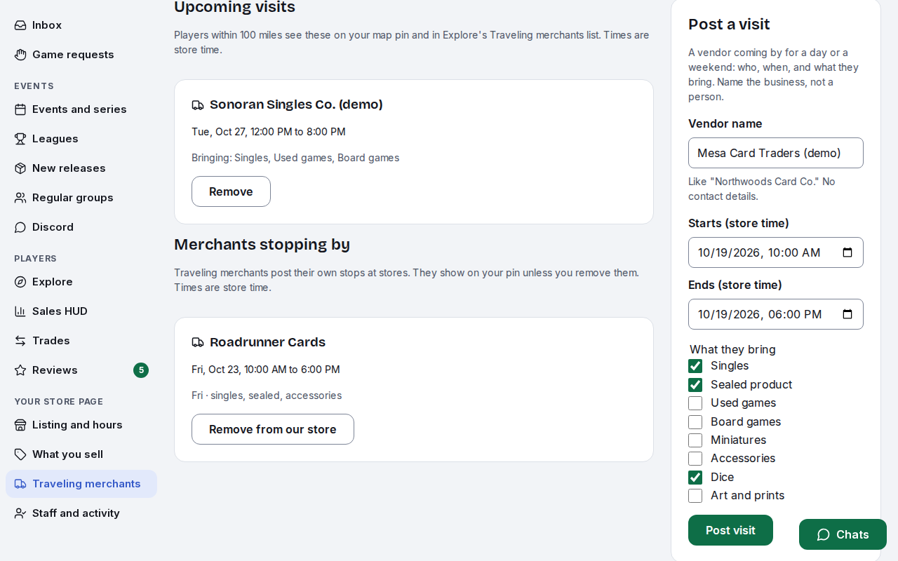 The Post a visit form filled in for Mesa Card Traders