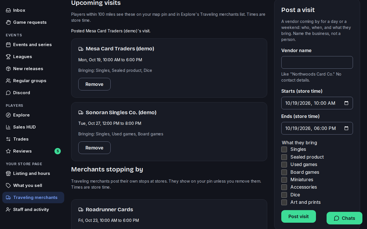 The new visit from Mesa Card Traders in the list of upcoming visits