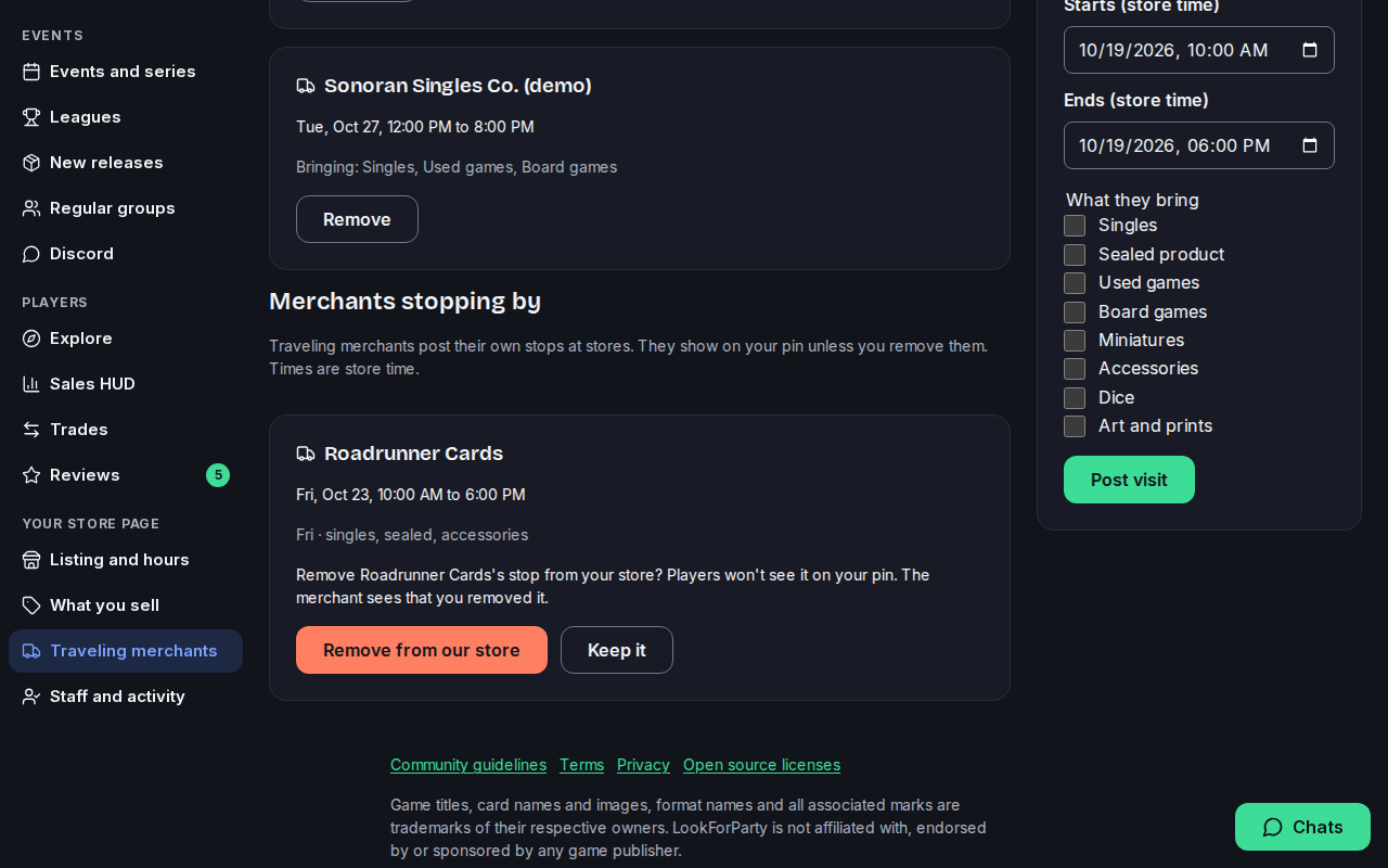 The confirmation to remove Roadrunner Cards' stop from the store
