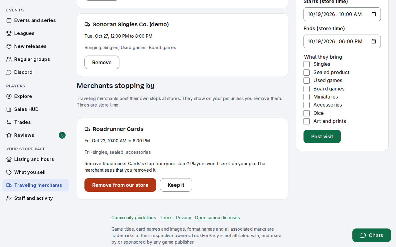 The confirmation to remove Roadrunner Cards' stop from the store