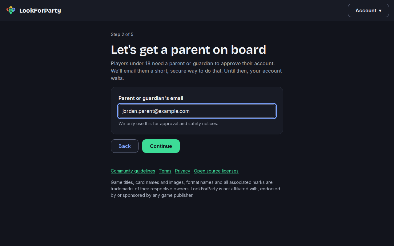 The Let's get a parent on board step with a parent's email filled in