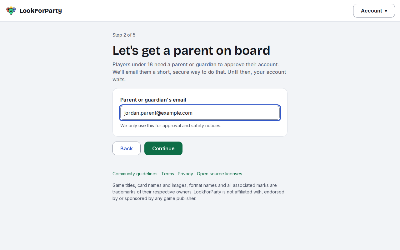 The Let's get a parent on board step with a parent's email filled in