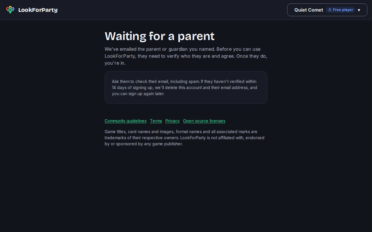 The Waiting for a parent page your teen sees